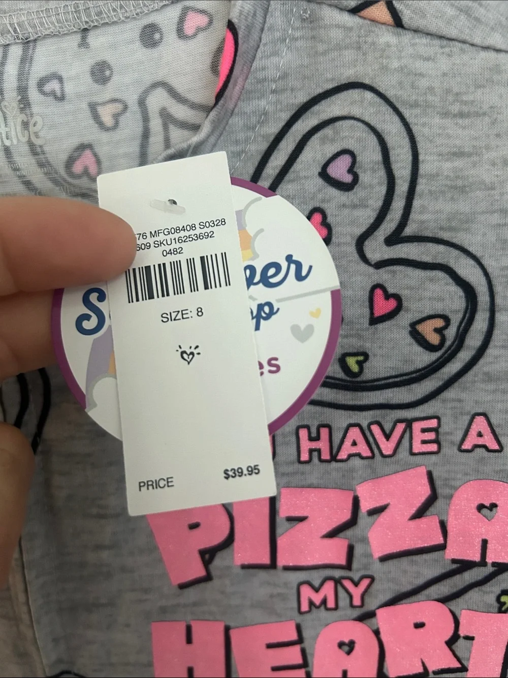 Justice Gray Heart Pizza Graphic One-Piece Pajamas with Pink Accents